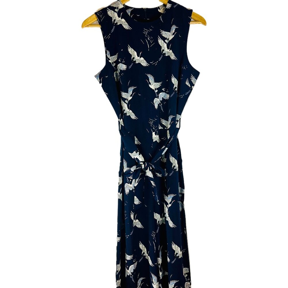 Navy Swan Print Sleeveless Belted Jumpsuit - Size M